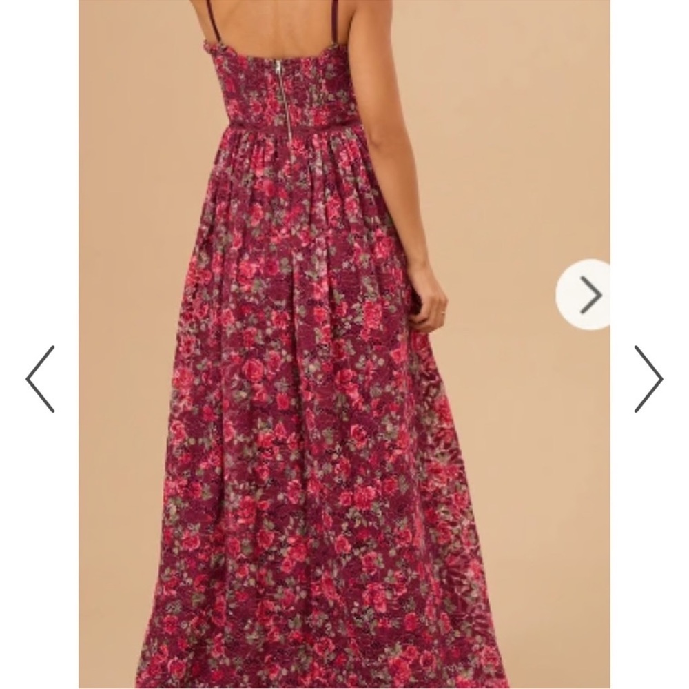 Altar’d State Liora Floral Maxi Dress Burgundy Lace Floral Corset Ribbon SZ XS - Picture 4 of 11